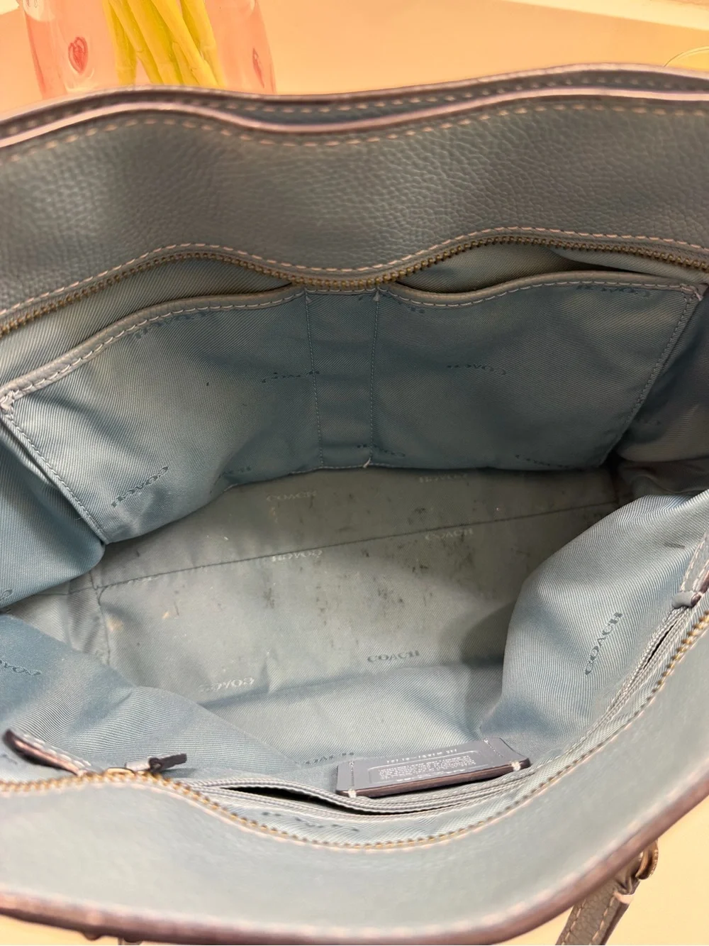 COACH NY 57107 TURNLOCK SILVER CHAIN SAGE BLUE LEATHER SHOULDER TOTE BAG